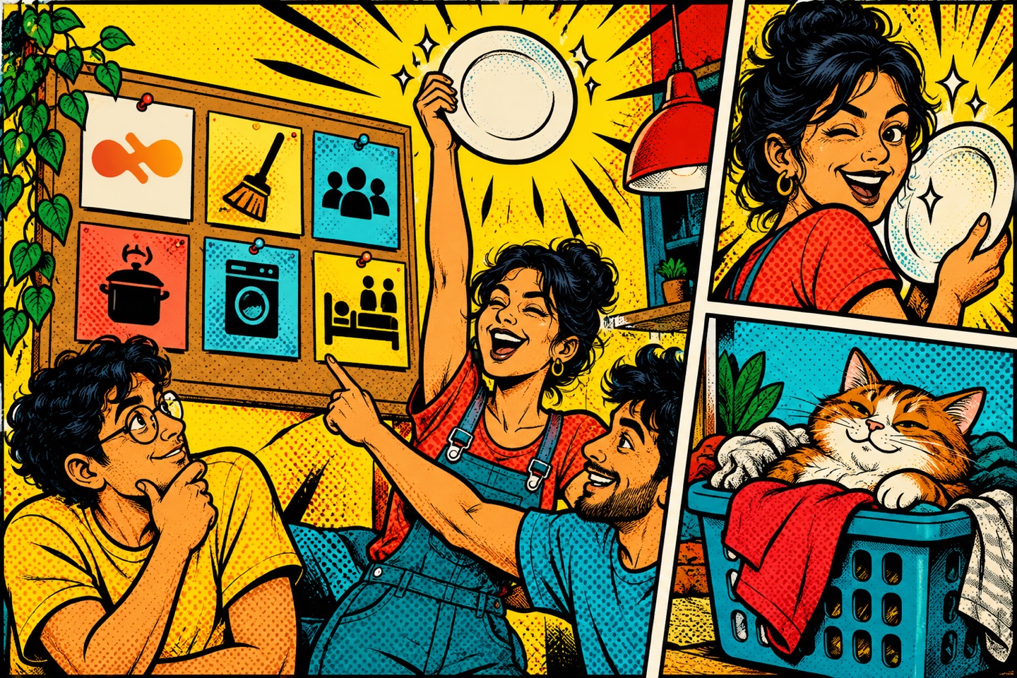Pop-art comic of roommates planning house rules and celebrating a clean plate while a cat naps.