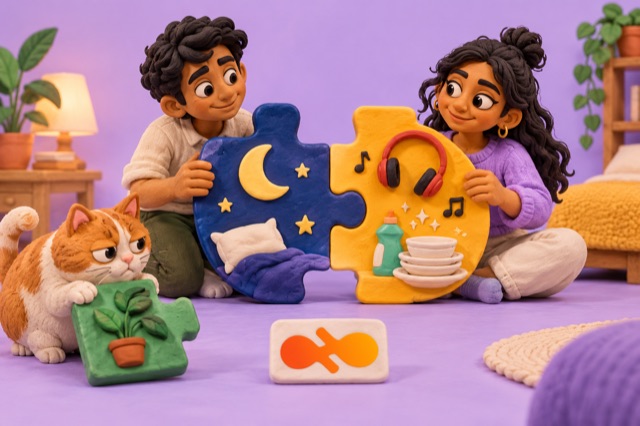 Clay-style 3D roommates fit lifestyle puzzle pieces together while a clay cat inspects a spare piece.