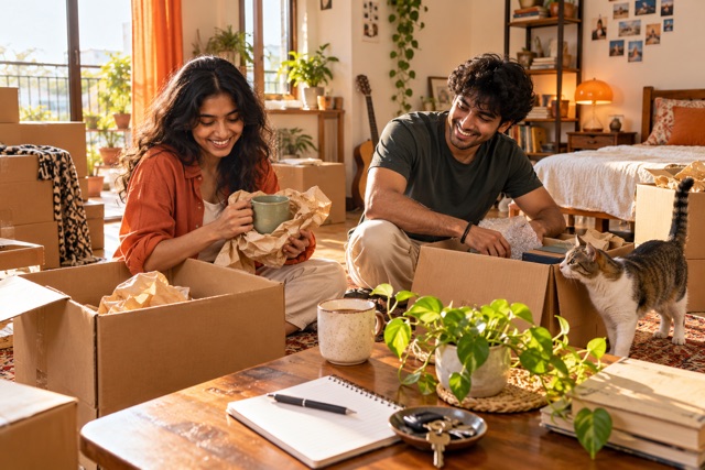 Young adult roommates unpack boxes in a sunny shared flat with a checklist and curious cat.