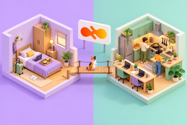 Isometric miniature models compare a PG room with a meal tray and a shared flat with a kitchen.