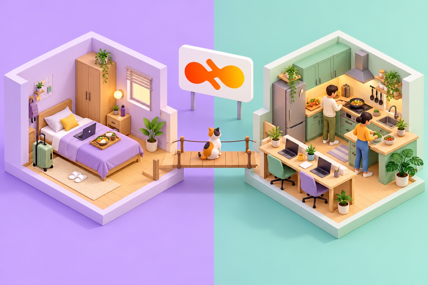 Isometric miniature models compare a PG room with a meal tray and a shared flat with a kitchen.