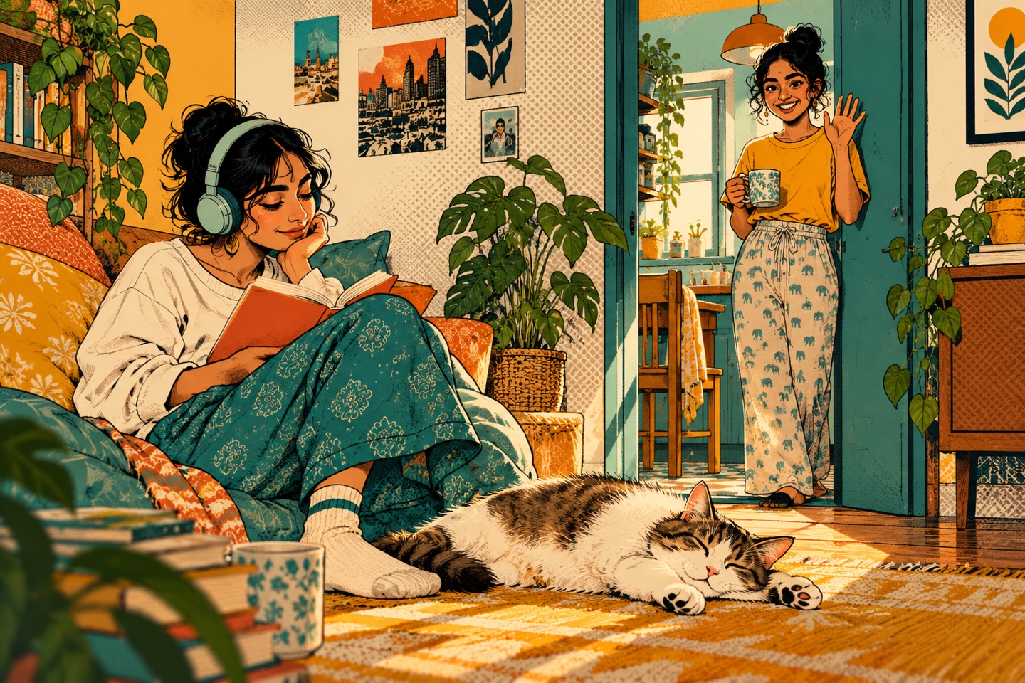 Pop-art roommates respect quiet time while sharing a friendly wave across a doorway.