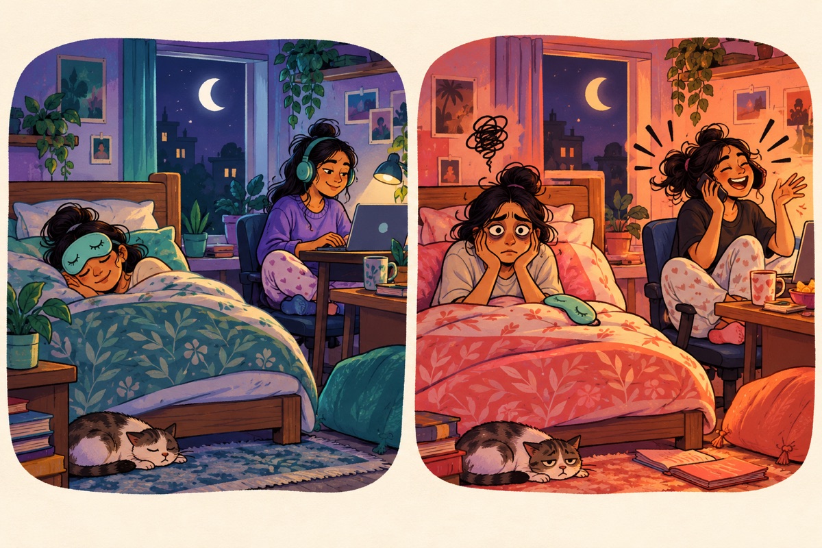 Two illustrated versions of a shared bedroom: a night owl quietly wearing headphones beside a sleeping roommate, then a loud phone call keeping that roommate awake.
