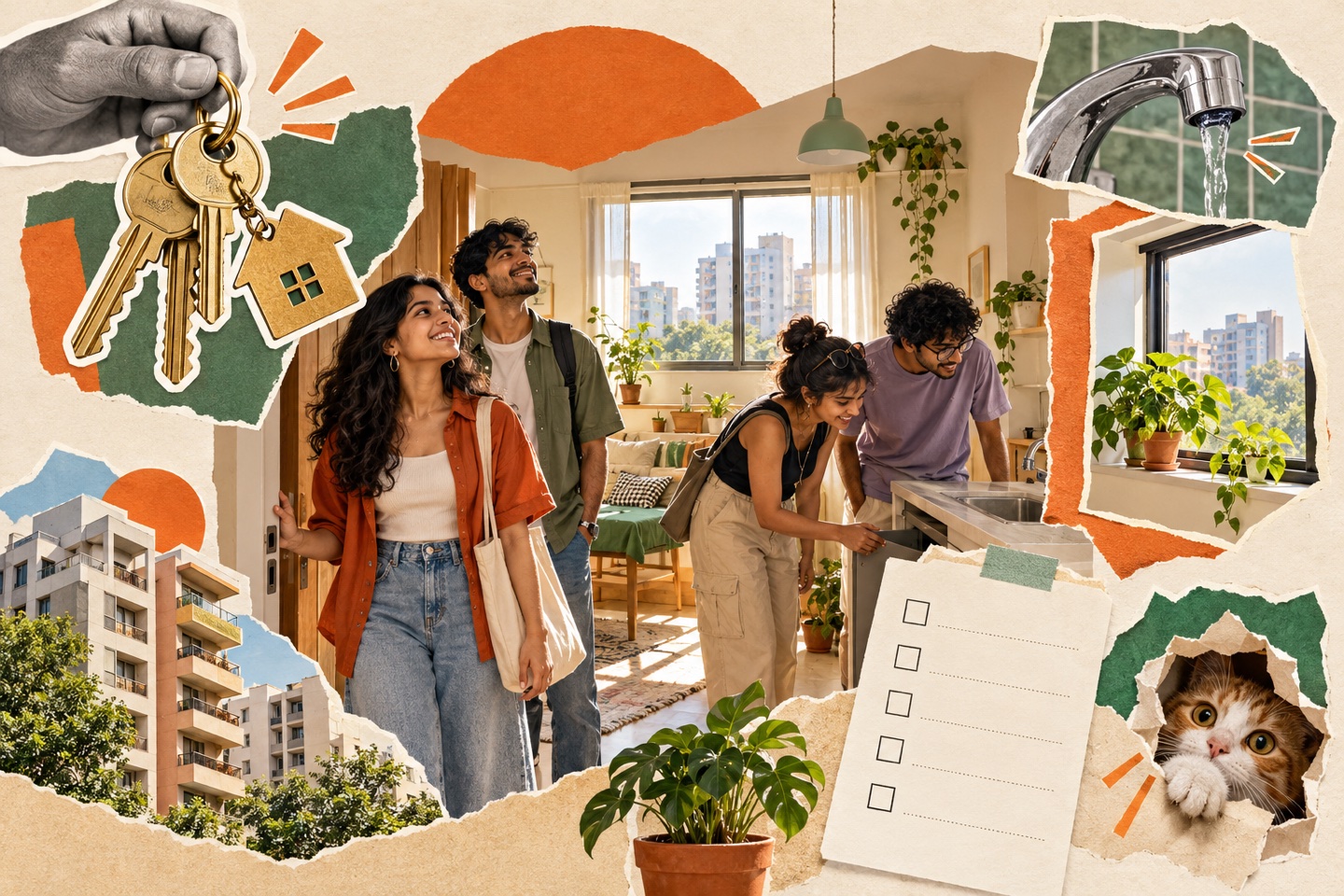 Paper-cut collage of home seekers inspecting a flat with keys, a tap and a blank checklist.