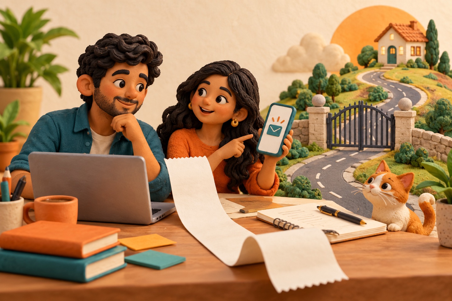 Clay startup founders review a phone, a receipt and a winding path towards a model house.